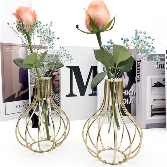 2 Pack Gold Metal Flower Vases, Small Desk Decor for Floral Arrangements, - Picture 2 of 7